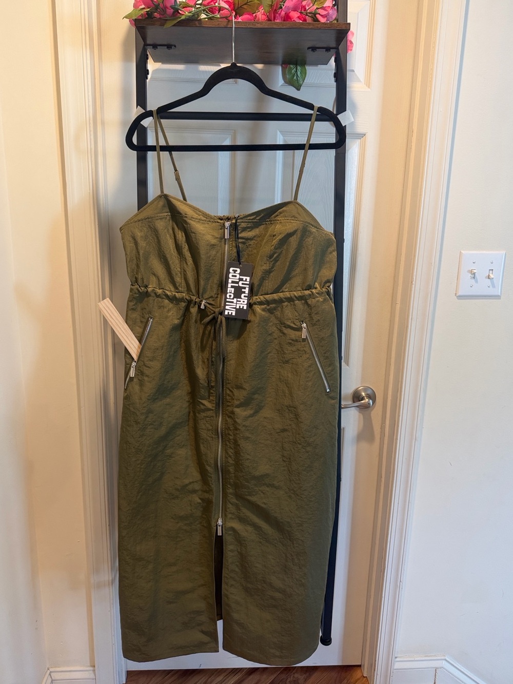 Olive Green Zip-Front Midi Dress